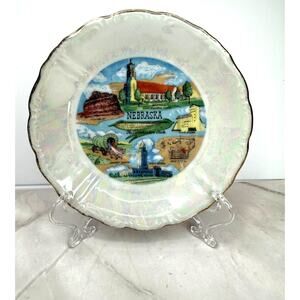 1950s Nebraska Souvenir Plate the Cornhusker State Scalloped Iridescent Gold Rim